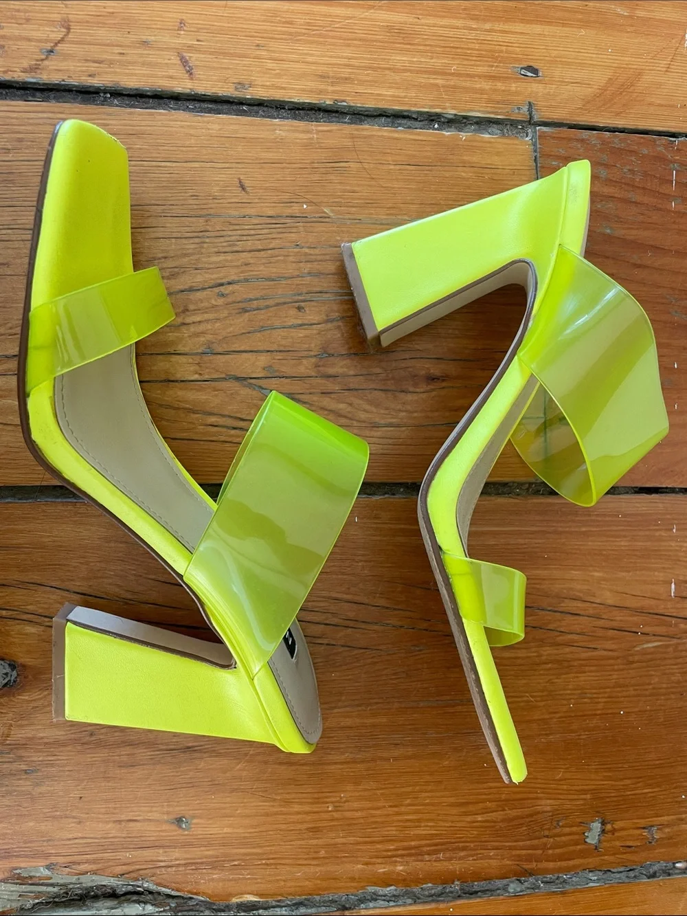 Nine West Neon Yellow Clear Strap Slide Heels